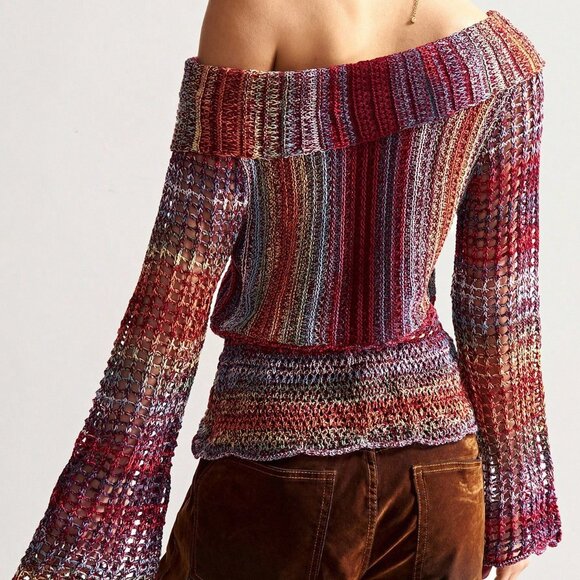 Multicolor Casual Women's Striped Off Shoulder Long Sleeve Blouse - Picture 2 of 8